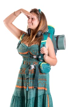 Happy hiker girl with backpack isolated in white, trekking and travel lifestyle concept