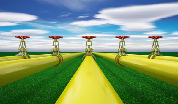 Yellow gas pipes on a background of grass and sky. 3d render.