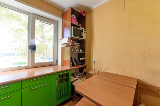 Russia, Moscow- September 10, 2019: interior room apartment modern bright cozy atmosphere. general cleaning, home decoration, preparation of house for sale