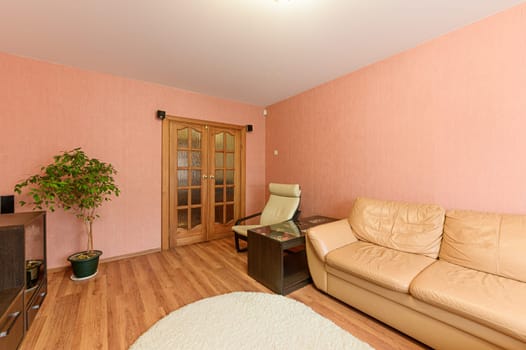 Russia, Moscow- September 10, 2019: interior room apartment modern bright cozy atmosphere. general cleaning, home decoration, preparation of house for sale