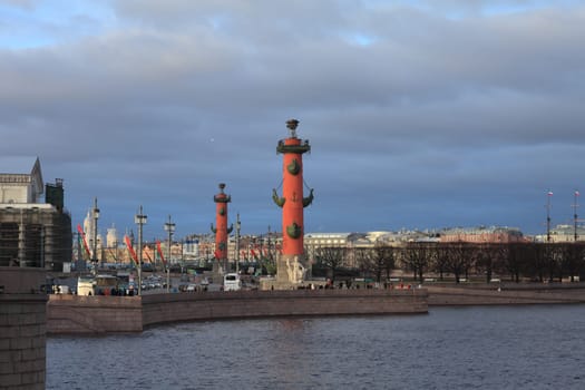 St. Petersburg, Russia, January 15 , 2020  Rostral columns, attractions St. Petersburg