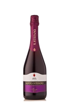 St.Petersburg, Russia -  January 2020  - Bottle of Santo Stefano Rosso Amabile semisweet red sparkling wine isolated on white background.