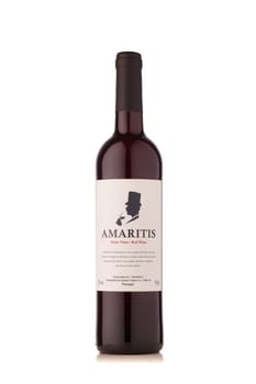 St.Petersburg, Russia -  January 2020  - Bottle of Amaritis VinhoTinto dry red wine  isolated on white background.