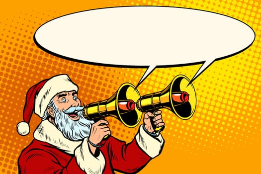 Santa Claus with a megaphone. Christmas sale. Pop art retro vector illustration kitsch vintage drawing