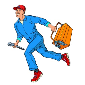 Male master repairman runs on call. Pop art retro vector illustration vintage kitsch 50s 60s