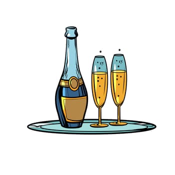 A bottle of champagne with glasses on a tray. Celebration. Pop art retro vector illustration vintage kitsch 50s 60s
