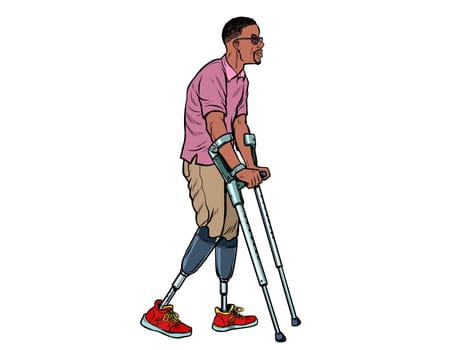 legless african veteran with a bionic prosthesis with crutches. a disabled man learns to walk after an injury. rehabilitation treatment and recovery. pop art retro vector illustration kitsch vintage drawing 50s 60s