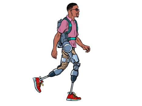 exoskeleton for the disabled. african man legless veteran walks. rehabilitation treatment recovery. science and technology. pop art retro vector illustration kitsch vintage drawing 50s 60s