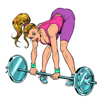 Female athlete weightlifting lifting barbell. Pop art retro vector illustration vintage kitsch 60s 50s