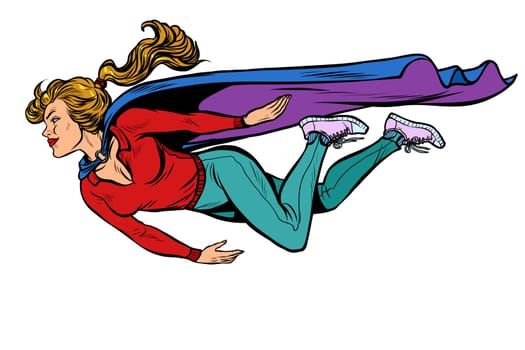 woman superhero flies. female power. pop art retro vector illustration kitsch vintage drawing 50s 60s