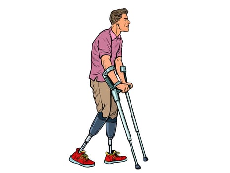 legless veteran with a bionic prosthesis with crutches. a disabled man learns to walk after an injury. rehabilitation treatment and recovery. pop art retro vector illustration kitsch vintage drawing 50s 60s
