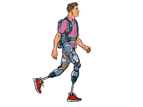 exoskeleton for the disabled. A man legless veteran walks. rehabilitation treatment recovery. science and technology. pop art retro vector illustration kitsch vintage drawing 50s 60s