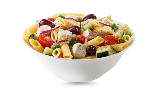 Pasta salad with feta cheese and vegetables isolated on white. Greek salad with pasta.