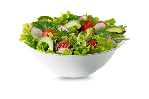 Green salad with avocado, tomato and fresh vegetables isolated on white background