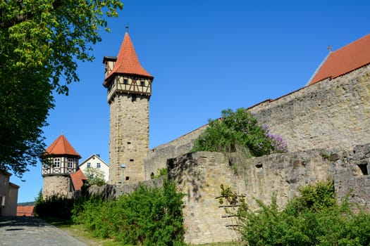 View of two  towe`s  of the old church castle in Ostheim, Rhoen, Bavaria, the largest of its kind in Germany