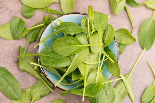Spinach on a brown textured background, empty space for text