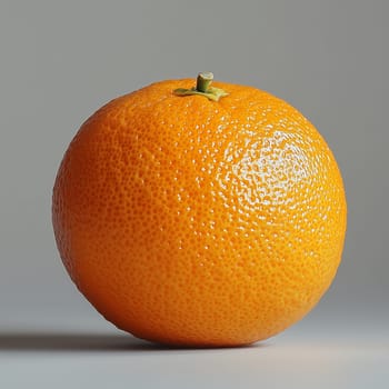A close-up of a vibrant orange fruit with a textured, glossy peel, placed against a neutral background. The stem and small green leaves add a natural touch.