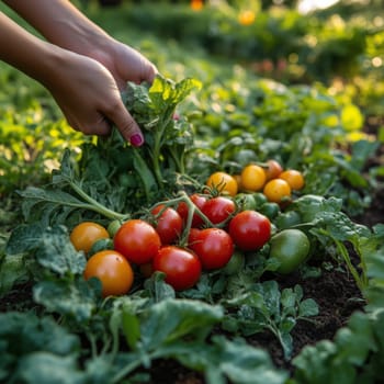 Close-up of hands picking ripe red and yellow tomatoes from a lush organic garden. Sunlight highlights fresh produce, emphasizing sustainability and farm-to-table agriculture.