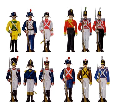Badajoz, Spain - Dec 19th, 2019: Peninsular war troop uniforms. Spanish, British, Portuguese and French armies. Illustrated by F. Blanco. Luis de Morales Museum, Badajoz, Spain