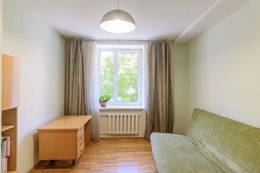 Russia, Moscow- September 10, 2019: interior room apartment modern bright cozy atmosphere. general cleaning, home decoration, preparation of house for sale
