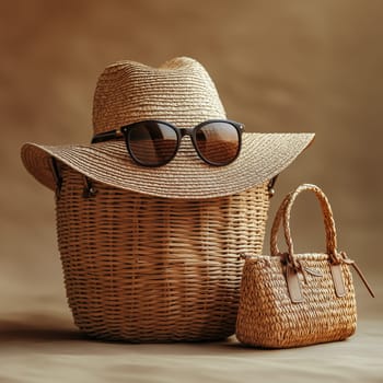 A chic straw hat with sunglasses, a woven basket, and a small handbag arranged on a neutral surface, evoking a summer travel and beach vacation aesthetic.