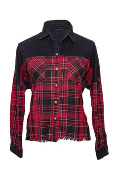Spring and autumn fashion blouse. A elegant female red black checkered spring blouse with long sleeves isolated on a white background. Women clothes summer fashion.