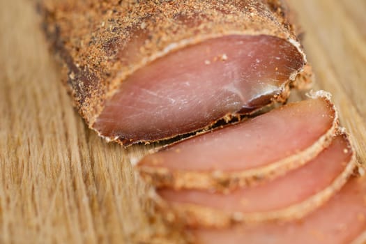Homemade chicken breast basturma, selective focus