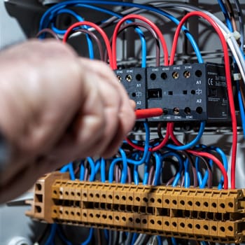 Electrician with screwdriver fixes the cable in a residential electrical distribution panel. Construction industry, electrical system.
