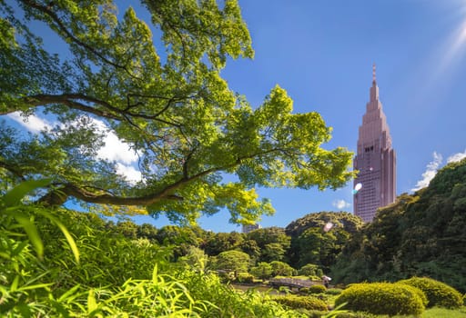 Shinjuku's Docomo tower overlooking the Upper Pond's wooden bridge and the pine and maple forests of the traditional Japanese garden of Gyoen Park under a blazing sun in early summer.
