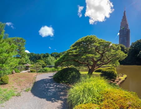 Shinjuku's Docomo tower overlooking the Upper Pond wooden bridge, a stone lantern and the pine and maple forests of the traditional Japanese garden of Gyoen Park under a blazing sun in early summer.