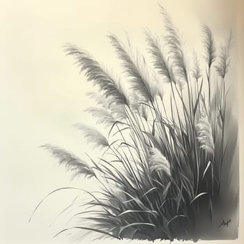 Elegant monochrome digital illustration of tall pampas grass swaying, with soft shading and a minimalist background, creating a tranquil nature scene.