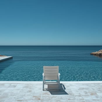 A single white lounge chair sits by a luxurious infinity pool overlooking the ocean. The minimalist design and serene coastal setting evoke peace, relaxation, and tranquility.