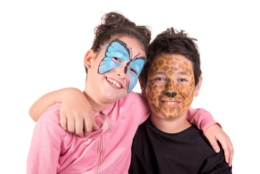Children's couple with animal face-paint isolated in white