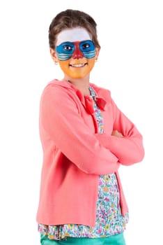 Girl with animal face-paint isolated in white