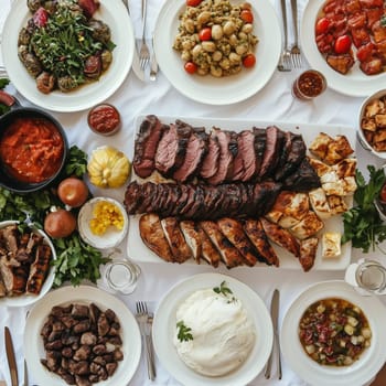 A variety of grilled meats, flatbreads, salads, and sauces arranged on a table for a traditional feast.