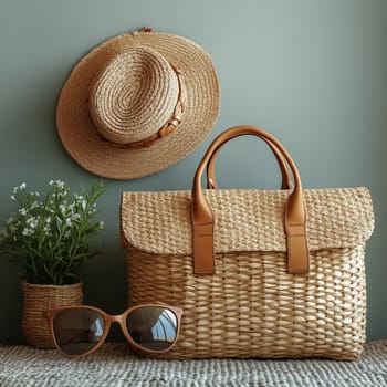 A stylish straw hat, woven handbag, and sunglasses arranged on a textured surface with a potted plant, evoking a chic summer and travel aesthetic.