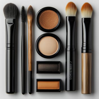 Elegant arrangement of makeup brushes, eyeshadows, and foundation compacts in black and gold tones, displayed on a clean white background.