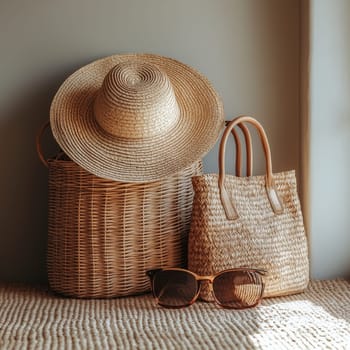 A stylish straw hat, woven bags, and sunglasses arranged on a textured surface near a window, evoking a relaxed summer and vacation aesthetic.