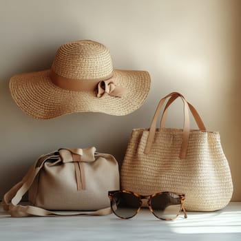 A stylish straw hat, woven bag, fabric handbag, and tortoiseshell sunglasses arranged on a neutral surface, evoking a chic summer and vacation aesthetic.