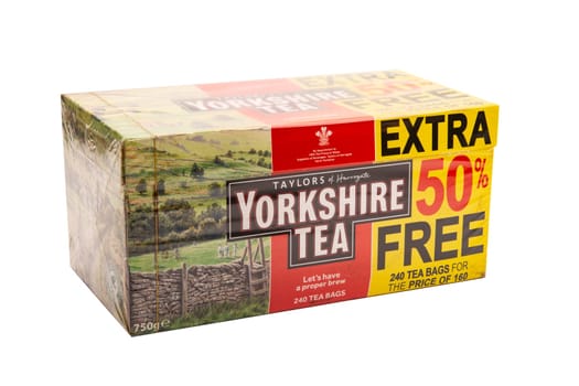 HUETTENBERG, GERMANY- JANUARY 04, 20120: Box of Yorkshire Tea bags on a table top in front of a white background. Taylors of Harrogate have been providing tea in England since 1886.