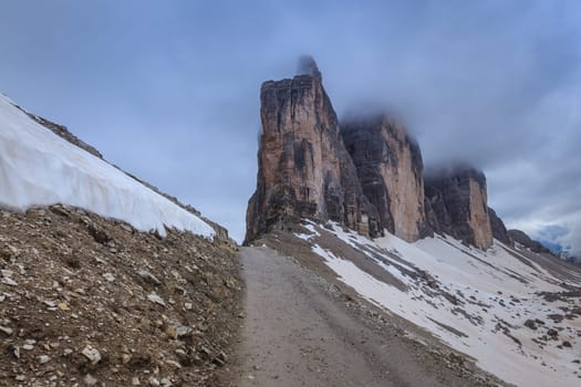 Tre cime di Lavaredo at sunset, Dolomite Alps, Italy