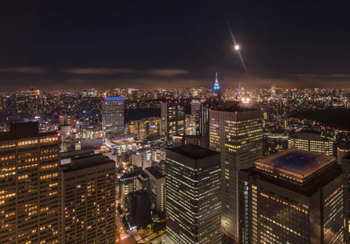 Night-time panoramic view from the Tokyo Metropolitan Government Building on a full moon night.