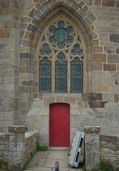 Entrance at stone gothic style catholic cathedral