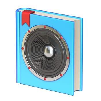 Blue book with speaker Audio book concept 3D rendering illustration isolated on white background