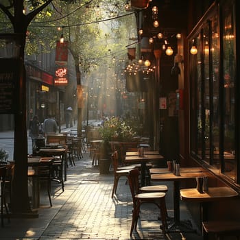 A warmly lit outdoor cafe with wooden tables and string lights on a lively city street. Sunlight filters through trees, creating a cozy and inviting atmosphere.