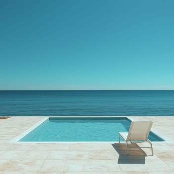 A single white lounge chair sits by a luxurious infinity pool with a stunning ocean view. The minimalist design and tranquil setting create a perfect relaxation spot.