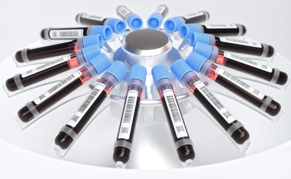 Blood tubes in the centrifuge. Concept image of blood tests, diseases and genetic and laboratory research.