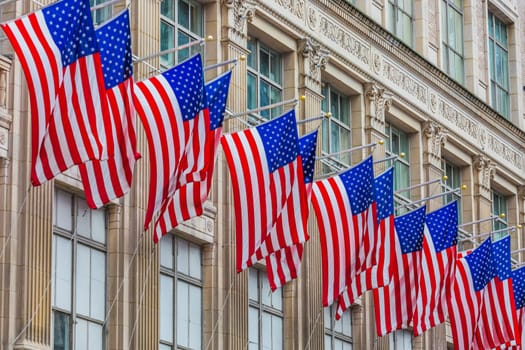 American Flags floating one of the main Manhattan Landmarks in New York City USA
