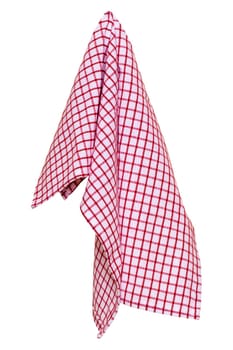 Towels isolated. Closeup of a red and white checkered napkin or tablecloth texture isolated on white background. Kitchen accessories. Macro photograph.
