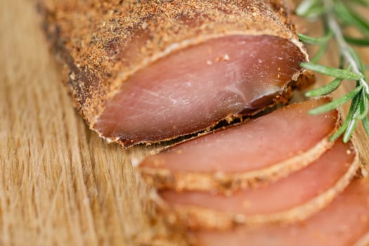 Homemade chicken breast basturma, selective focus